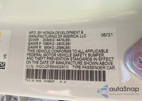 2021 Honda Accord Touring from USA, damaged, VIN 1HGCV2F99MA024010